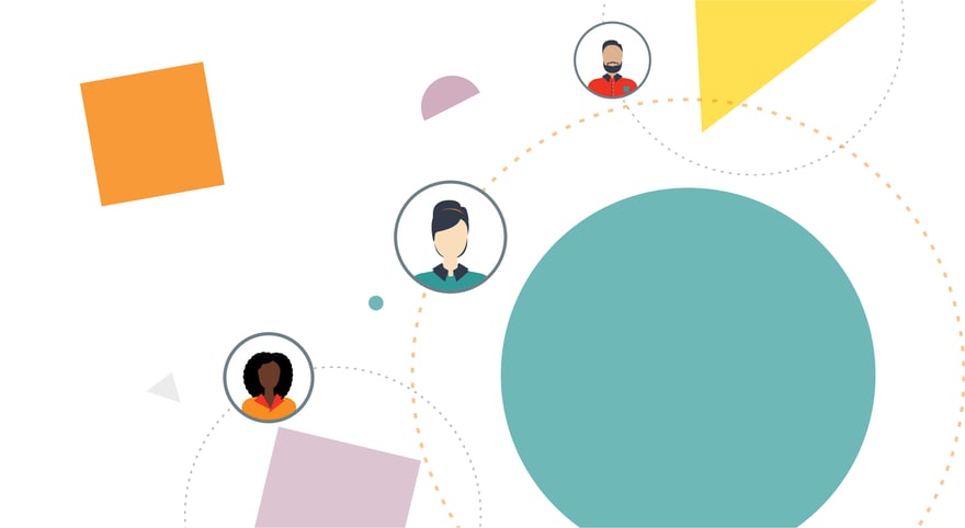 Abstract graphic illustrations of large, colorful shapes that appear to be falling into place on a white background. Several illustrated faces are featured.