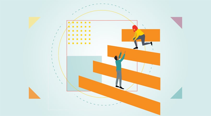 Two human figures on a stylized graphic image of The Regis Company logo (four steps of a staircase) are helping one another climb the larger than life steps.