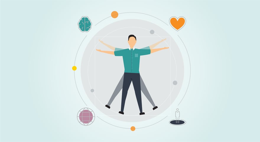 An illustrated image of a professional man that pays homage to the da Vinci drawing 