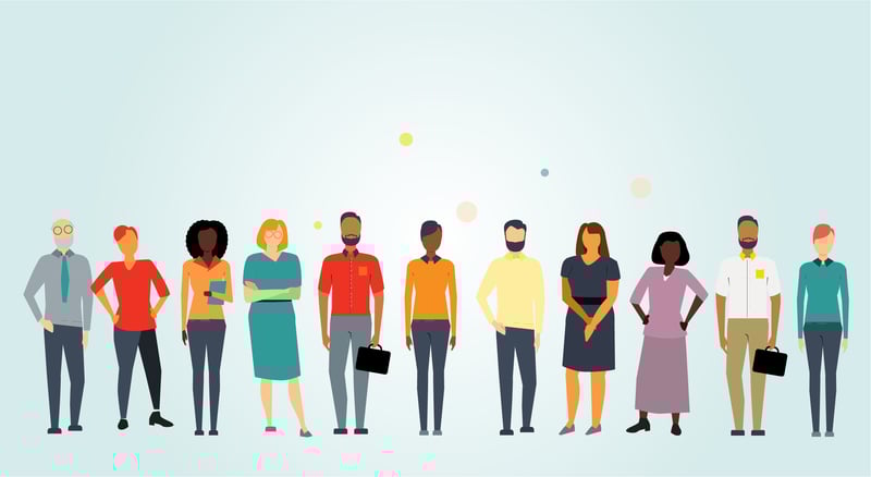 An illustration of a diverse group of professionals standing a line and looking at the reader.