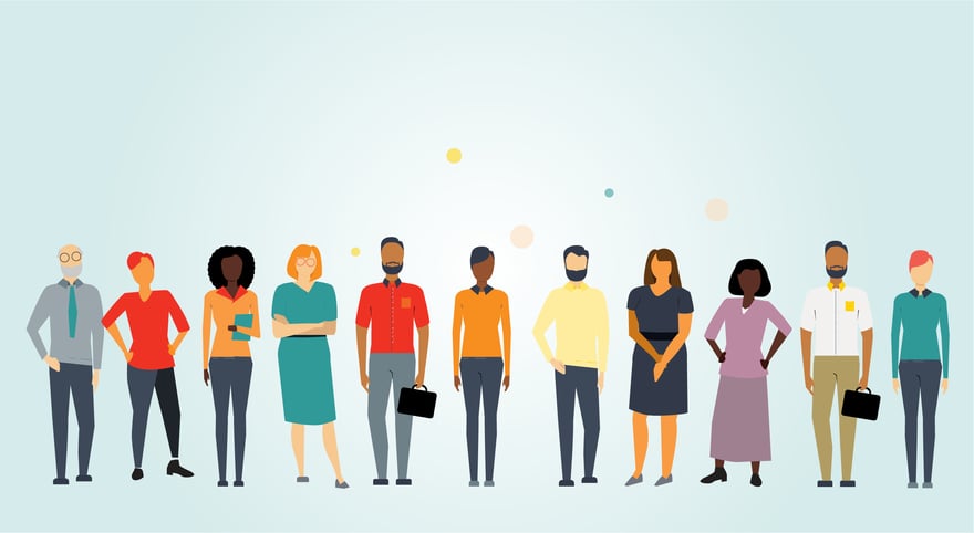An illustration of a diverse group of professionals standing a line and looking at the reader.